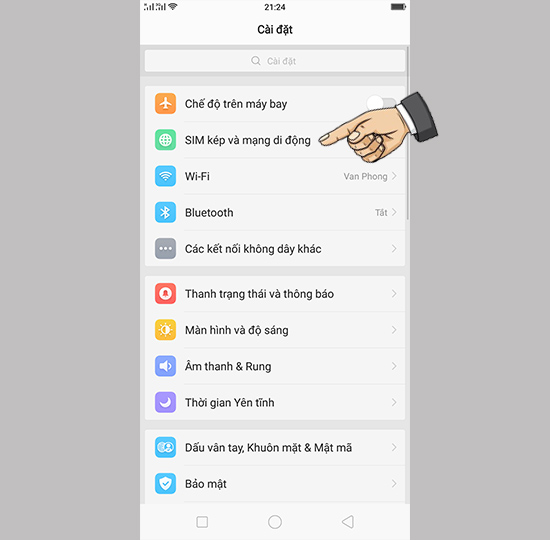 Vào cài đặt Sim